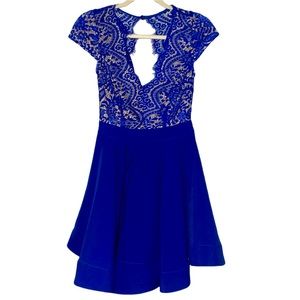 Luxxel Open Back Eyelash Lace Fit & Flare Dress Royal Blue